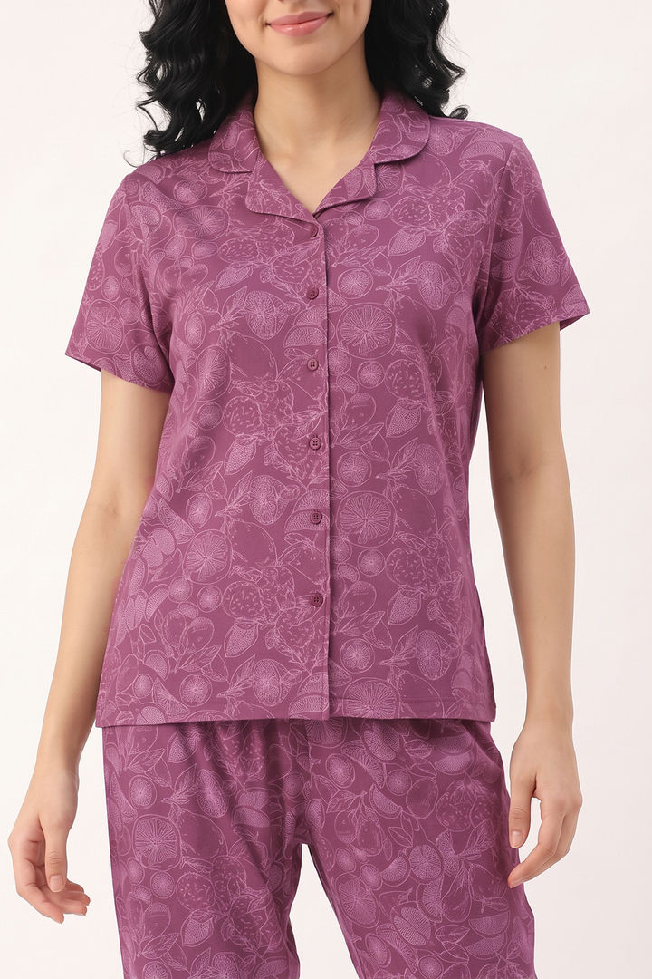 Zivame Mixed Fruit Buttersoft Knit Poly Pyjama Set - Red Violet — image 6